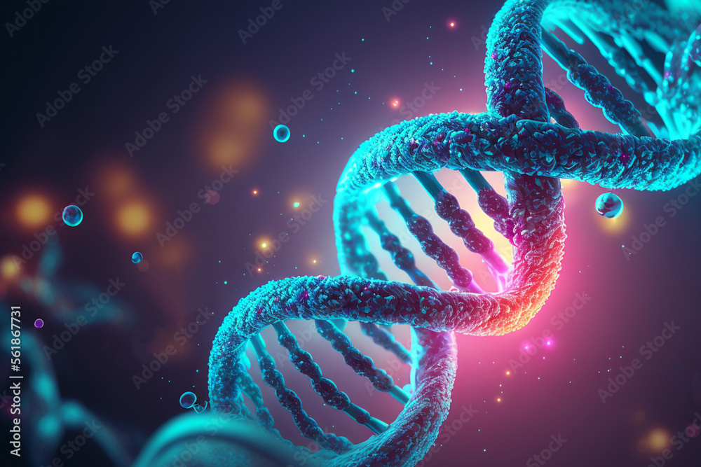 3D illustration of a glowing DNA double helix representing genetics, genomics, biotechnology, and molecular biology research.