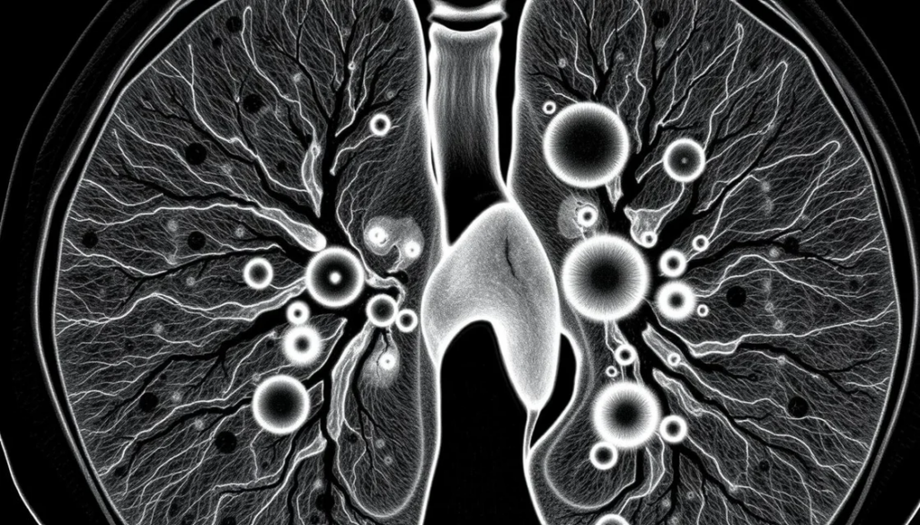 Illustration of the human lungs showing bronchial pathways and circular nodules representing respiratory or pulmonary conditions.