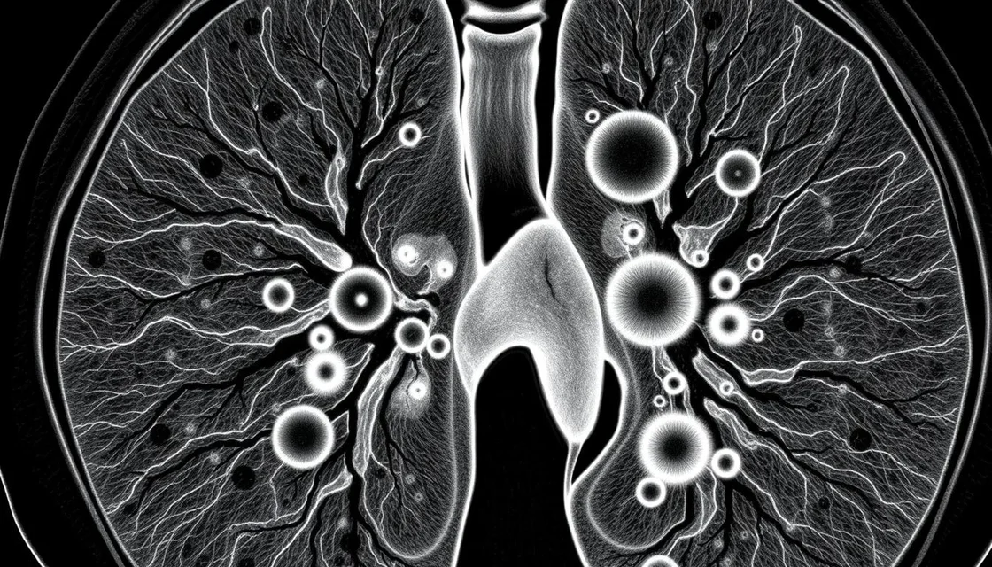 Illustration of the human lungs showing bronchial pathways and circular nodules representing respiratory or pulmonary conditions.