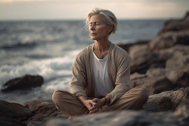 Woman practicing mindfulness and deep breathing by the ocean.
